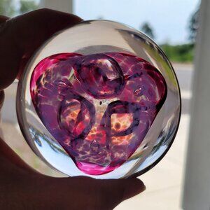 Handcrafted Glass Paperweight With Purple Pink Swirl Design Artist Signed